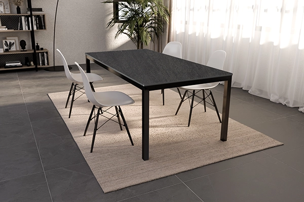 Gerendertes Foto eines Tisches von CB-tec mit einer sehr dunklen Keramikoberfläche in einem modernen Wohnzimmer.